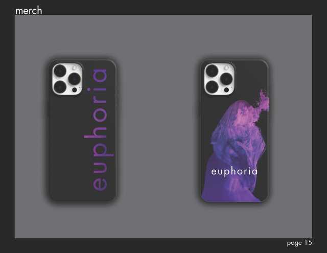 Two phone case designs, one with an image from the second poster and the other with the text, 'euphoria.'