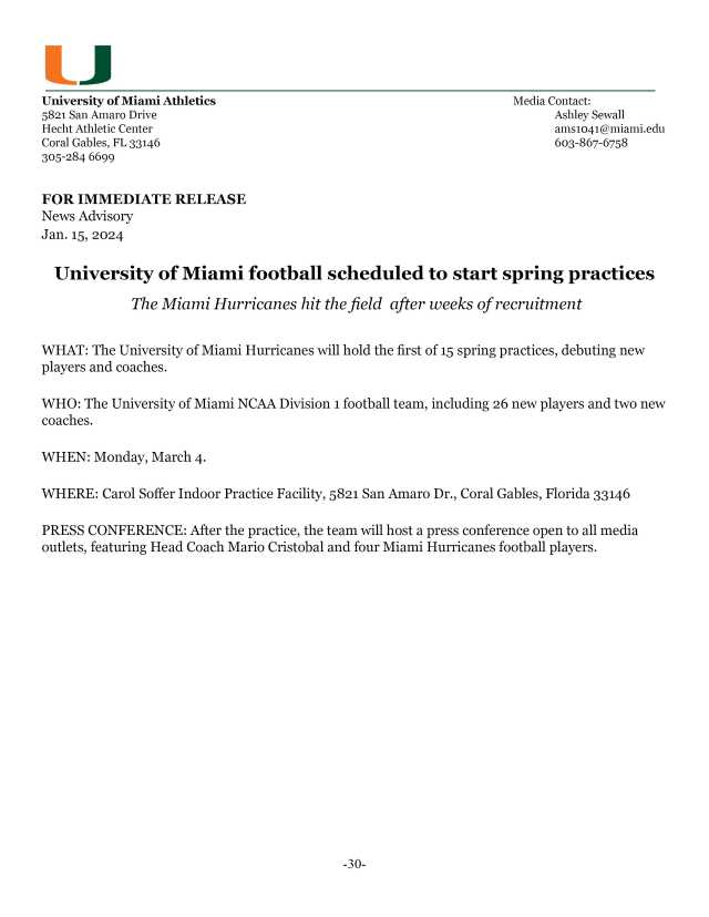 News advisory on the announcement of University of Miami spring practice schedule.