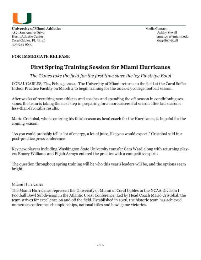 News release on the first spring training session for the Miami Hurricanes.