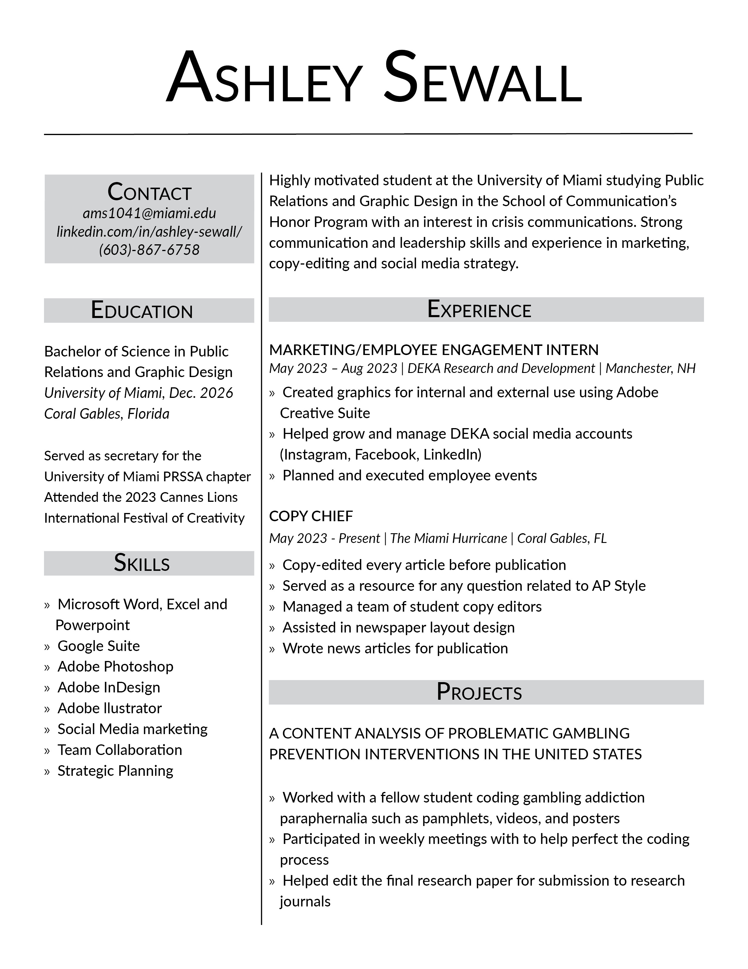 Resume for Ashey Sewall.